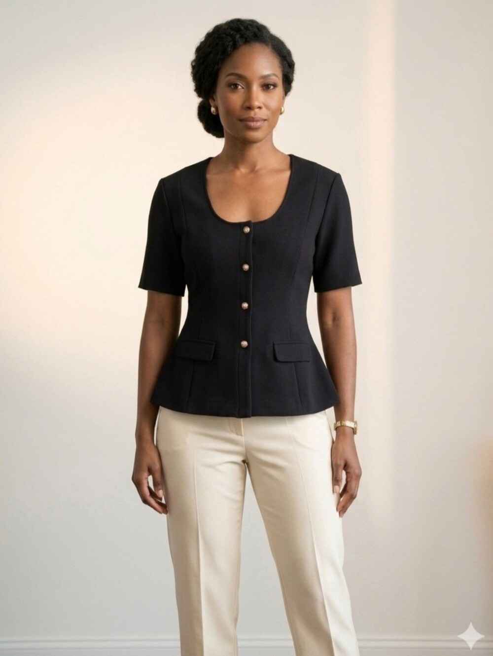 H&M Button Up Tailored Blouse Sz Md Black Scoop Neck Short Sleeve Old Money